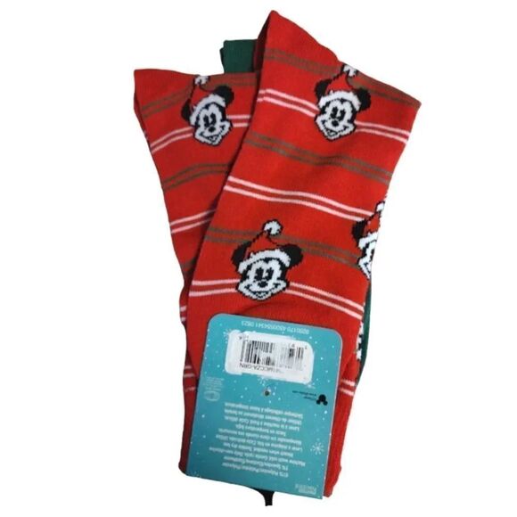 Disney Mickey Mouse 2 Pairs Red Green Christmas Themed Unisex Crew Socks - Picture 7 of 7